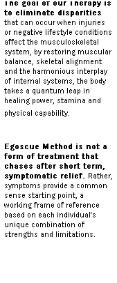 Text Box: The goal of our Therapy is to eliminate disparities that can occur when injuries or negative lifestyle conditions affect the musculoskeletal system, by restoring muscular balance, skeletal alignment and the harmonious interplay of internal systems, the body takes a quantum leap in healing power, stamina and physical capability. 
&nbsp;
Egoscue Method is not a form of treatment that chases after short term, symptomatic relief. Rather, symptoms provide a common sense starting point, a working frame of reference based on each individual's unique combination of strengths and limitations. 
